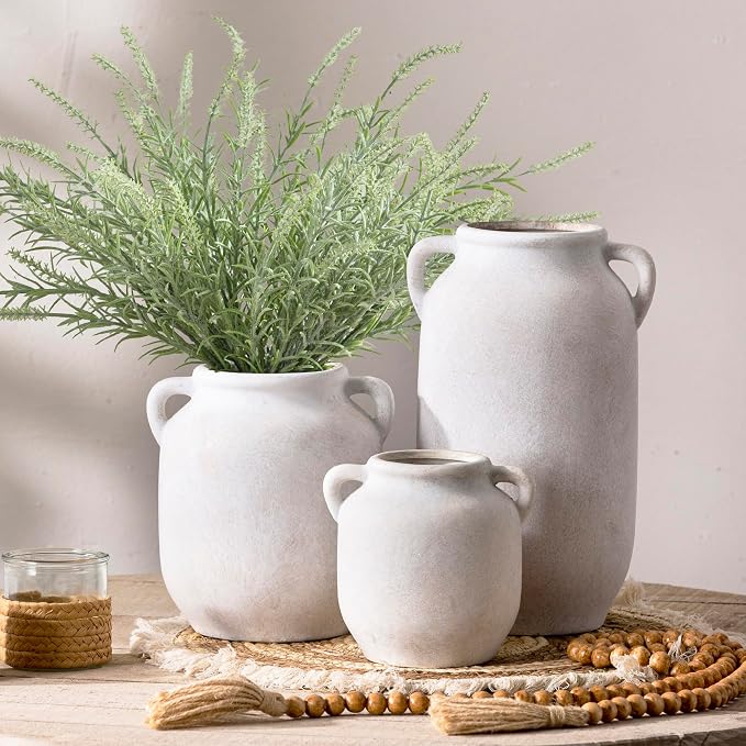 Ceramic Flower Vase Home Decor - Farmhouse Rustic White Table Vases with Handle Living Room Decoration Decorative Vintage Pottery for Kitchen Shelf Coffee Dining Desk Bookshelf Fireplace (7.6" Rustic)