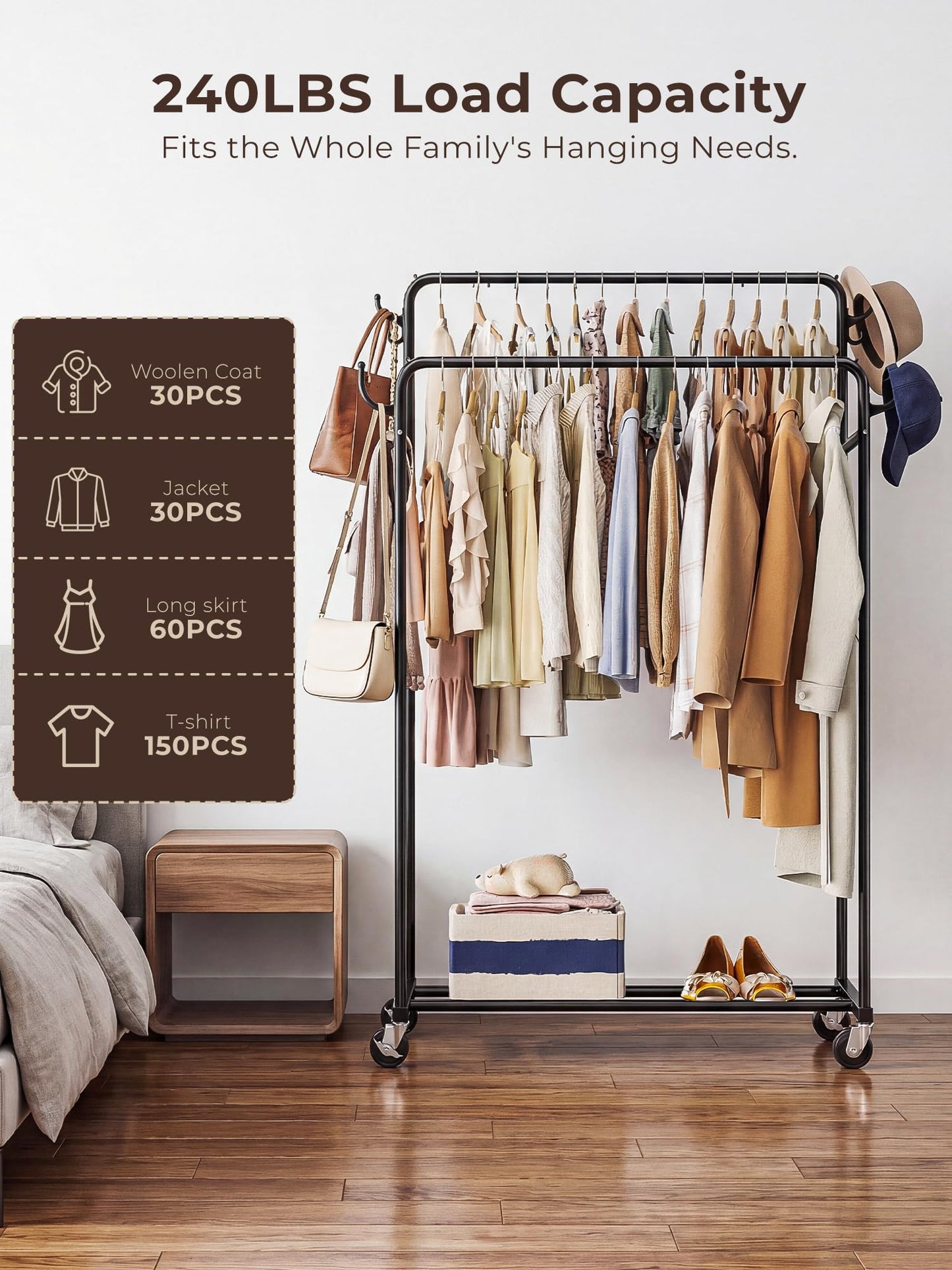 HogHow Clothes Rack, Rolling Clothing Rack with Double Rods for Hanging Clothes, Portable Garment Rack with Wheels, Metal Wardrobe Closet Organizer for Bedroom and Laundry Room