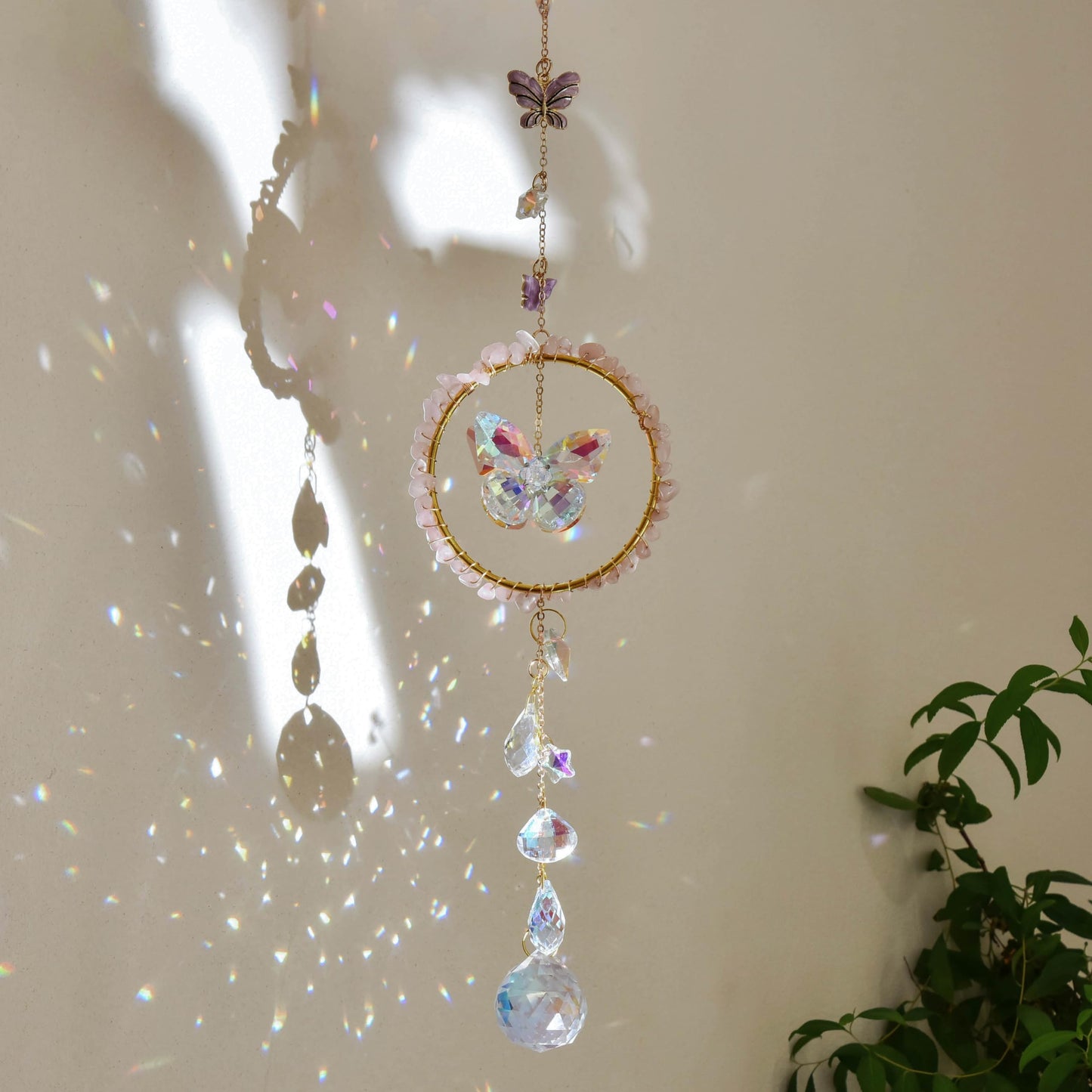 Pink Crystal Butterfly Sun Catcher, Elegant Home Decoration for Living Room, Bedroom, Dining, Kitchen, & Bath, Birthday Gift, Valentine's Day Gift