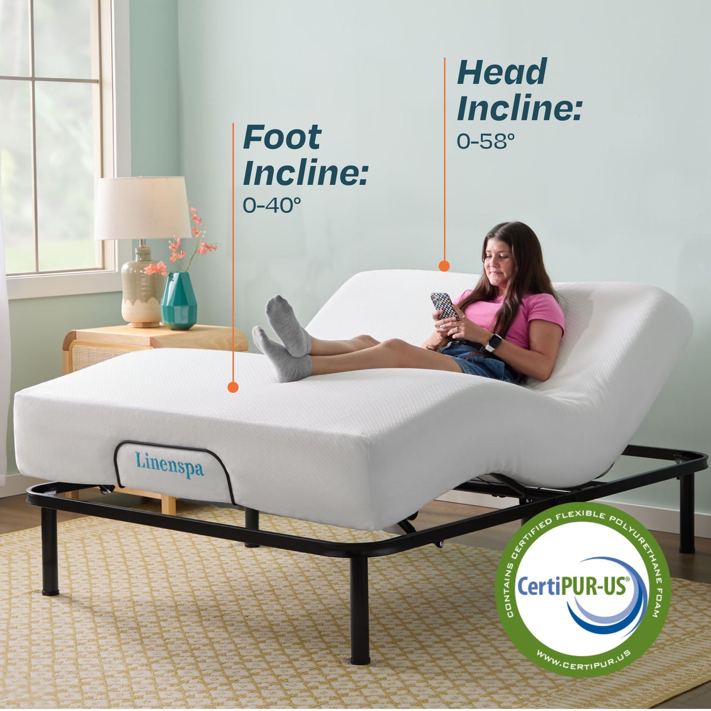 Linenspa Adjustable Bed Frame - Independent Head and Foot Incline - Powerful Quiet Motor - Easy Toolless Assembly - Lounging - TV - Working - Reading - Ergonomic - Electric Bed Base - Twin XL Size