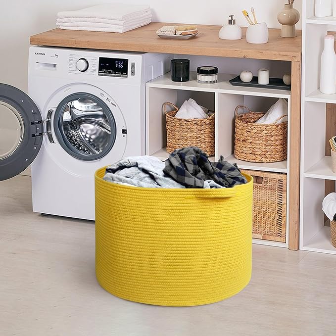 MEGASKET Extra Large Yellow Basket, 22” X 22” X 14” Cotton Rope Yellow Decor for Living Room Bedroom, Woven Basket for Blanket, Laundry, Towel, Shoe, Baby Nursery Toy Organizer, Room Decor Storage Bin