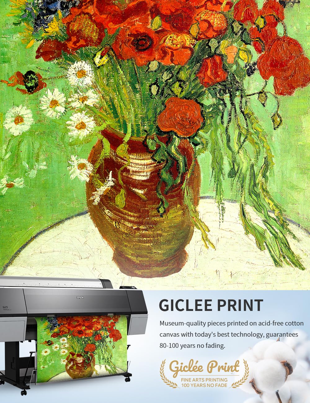 DECORARTS - Red Poppies and Daisies, Vincent Van Gogh Art Reproduction. Giclee Prints Match with Golden Framed for Wall Decor. Picture Size: 20x16 in, Framed Size: 26x22 in