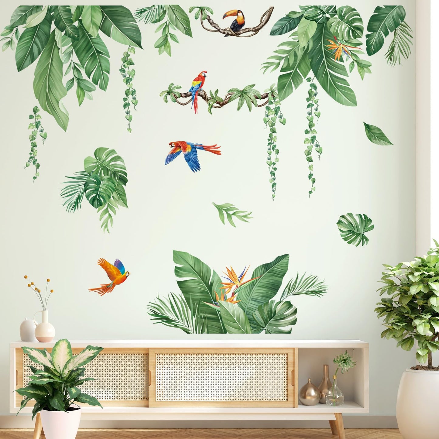 decalmile Tropical Jungle Leaves Wall Decals Palm Leaf Hanging Vines Green Plants Wall Stickers Living Room Bedroom Tv Background Wall Decor