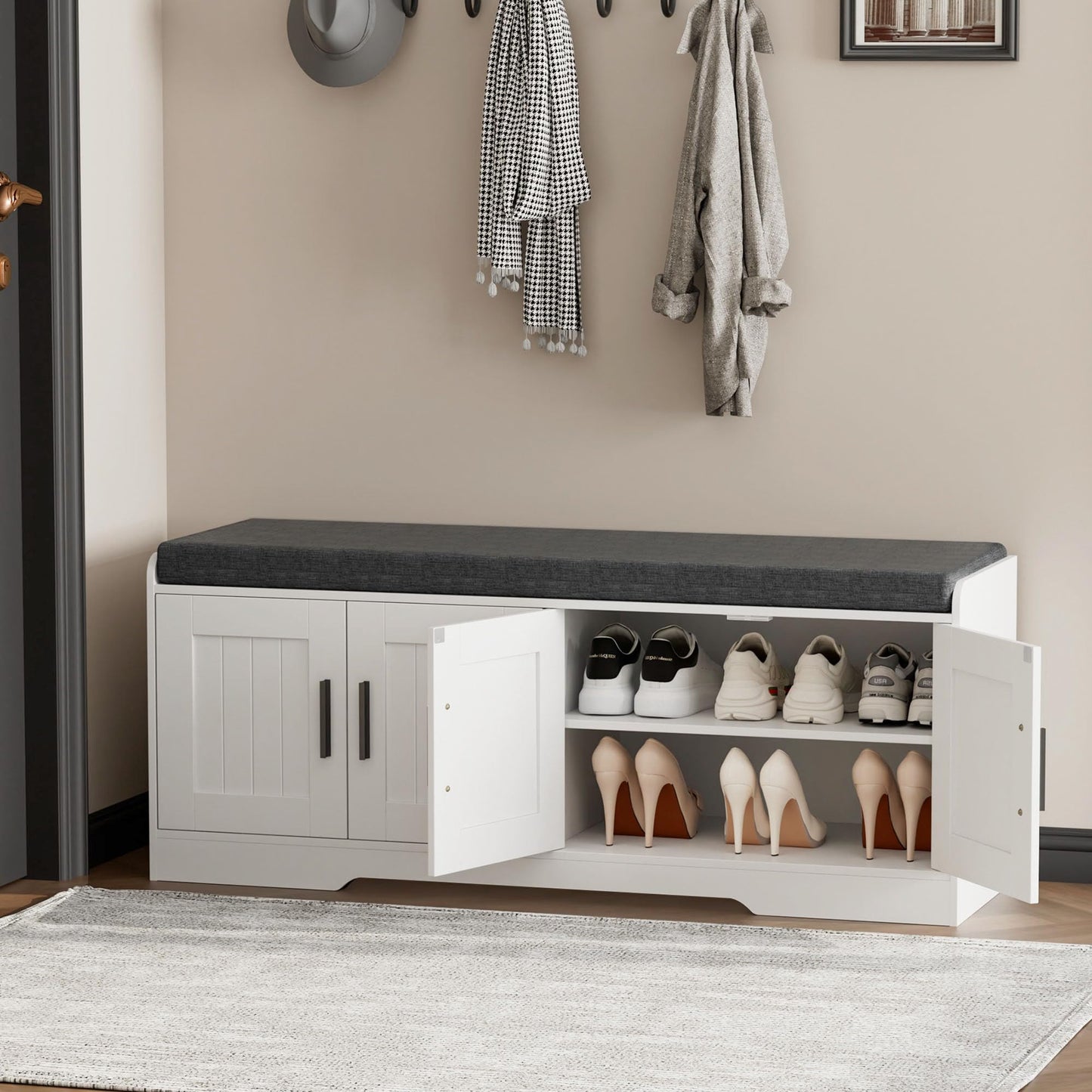 Homleke 2-Tier Storage Bench, Shoe Bench with Thickened Padded Seat Cushion, Entryway Bench with 4 Doors, Adjustable Shelf, 13.8" D x 45.3" W x 18.5" H, for Entryway, Living Room, Bedroom, White
