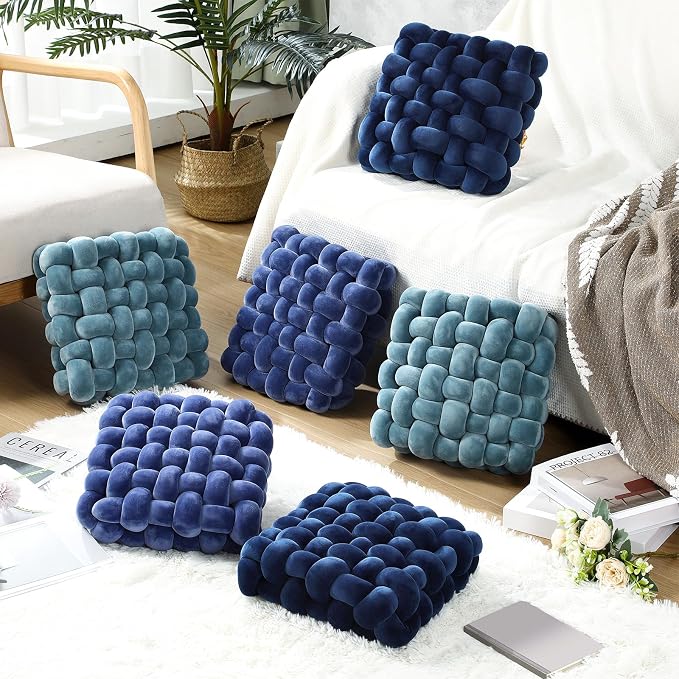 Wenqik 2 Pcs Knot Pillows Square Knotted Plush Throws Soft Accent Pillows Decoration Cushion for Couch Home Office Living Room Bedroom Bed Sofa Decor, 12'' x 13''(Navy Blue,Crystal Velvet)