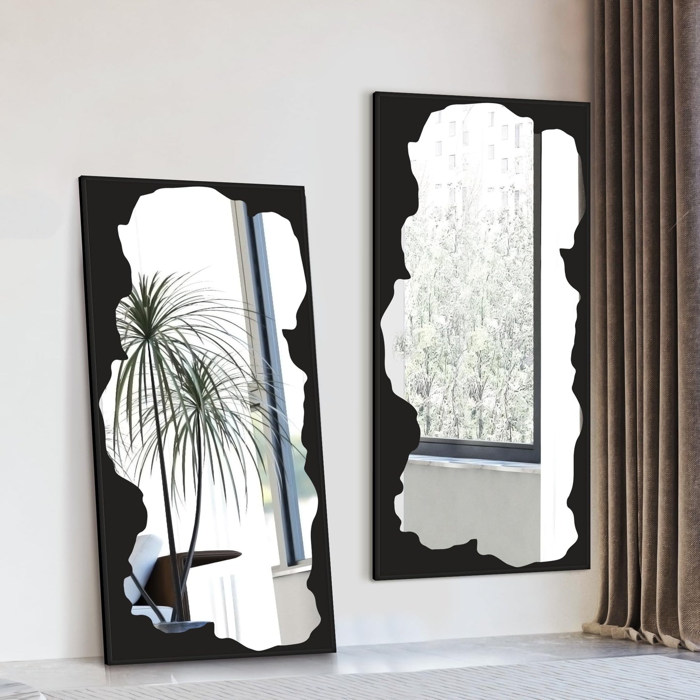 Full-Length Mirror Free Standing Leaning Mirror with Artistic Black Abstract Overlay Deco, 64"x32" Shatterproof Wall-Mounted Mirror, Perfect for Living Room, Bedroom, Cloakroom, and Bathroom Decor