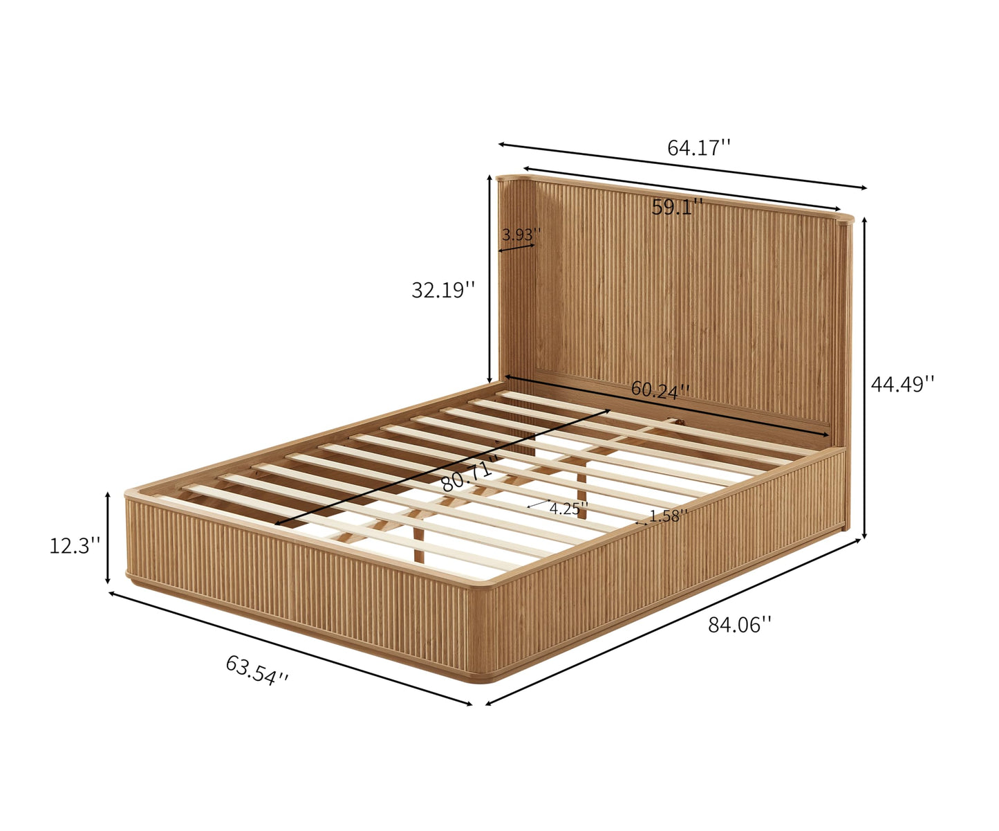 KEIKI Queen Bed Frame with 44" Tall Fluted Headboard, Natural Oak Platform Bed Frame, Modern Wood Bed Frame with Solid Slats, No Box Spring Needed, Noise-Free, Easy Assembly
