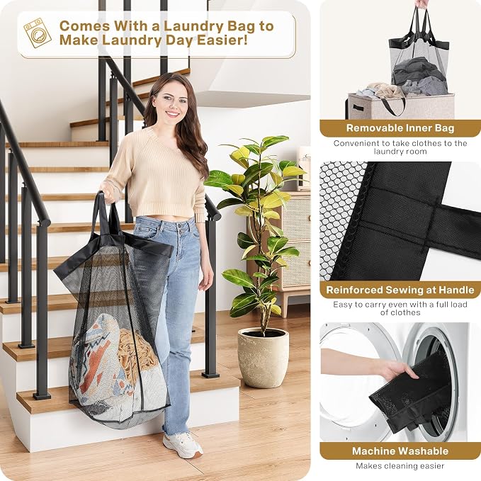 SOLEDI Large Double Laundry Hamper with Lid, Collapsible Clothes Hamper 2 section with Removable Bags, Space-Saving Laundry Basket for Bedroom, Dorm, College
