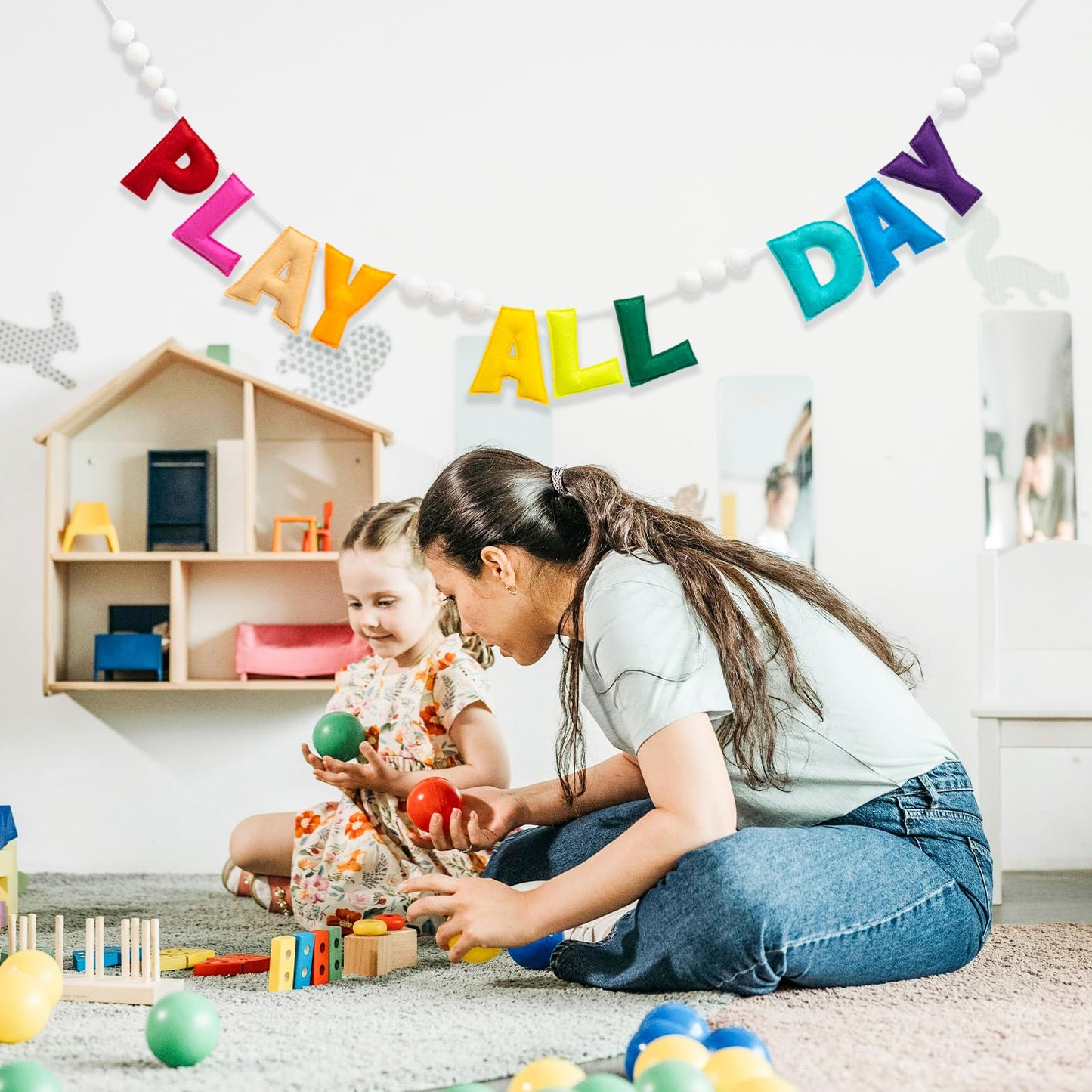 Pre-Strung Rainbow Play All Day Felt Banner Reusable Play Sign Play All Day Wall Hanging Felt Garland for Kids Nursery Playroom Wall Decor Boys Girls Playhouse Decor Toy Room Classroom Decoration