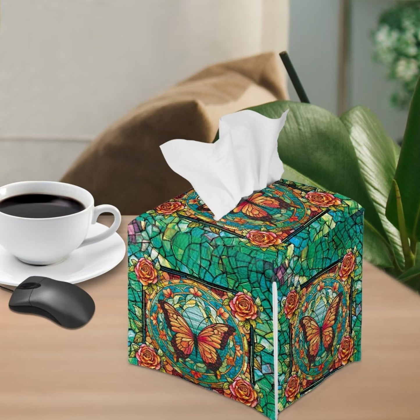 Lotusorchid Butterfly Rose Print Tissue Case Cover Square, Waterproof Tissue Box Cover for Home Office, Foldable Kleenex Tissues Cube Boxes with Bottom Belt, Decorative Facial Tissue Cover, Green