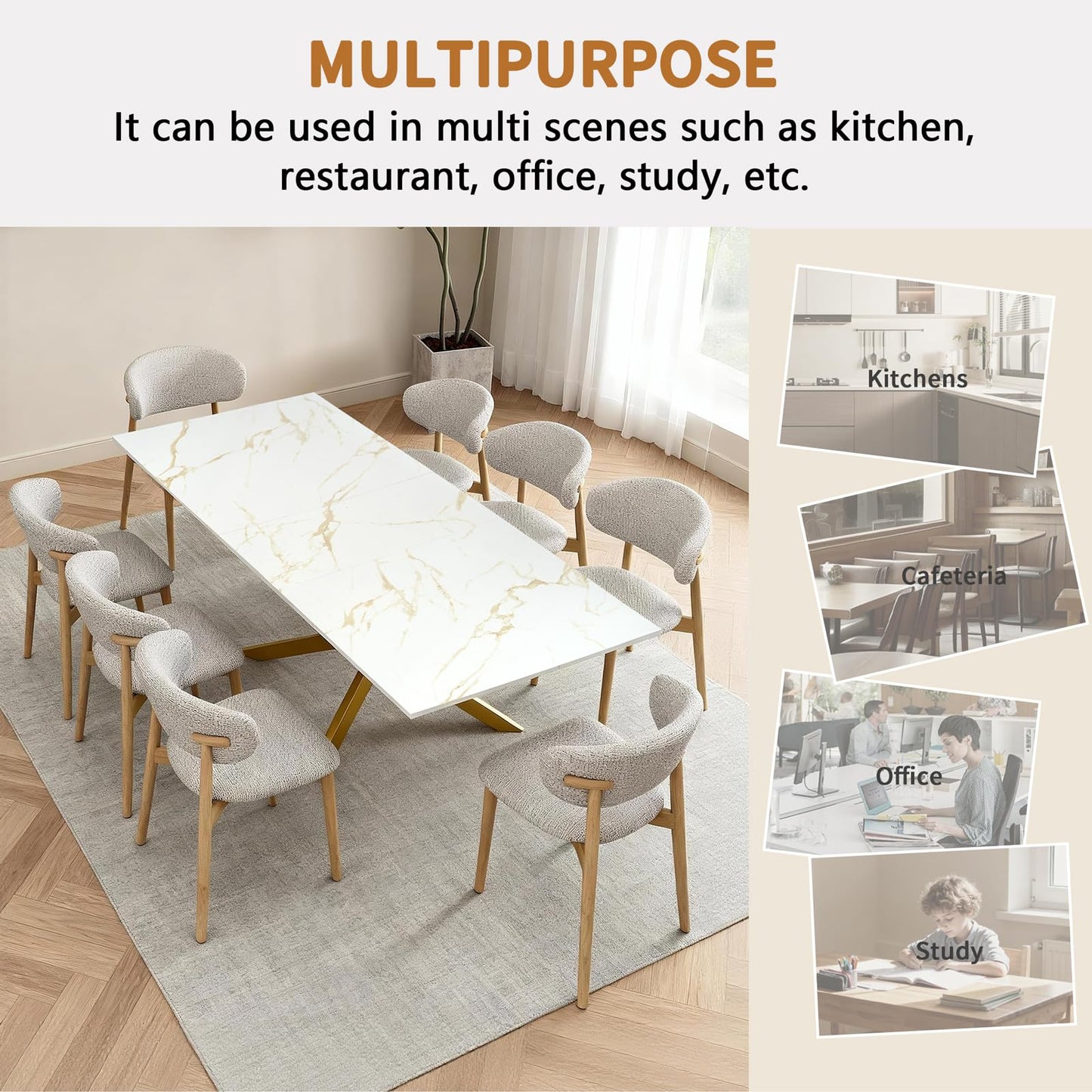 63"-79" Extendable Dining Table for 6-10 People, Modern Rectangle Extendable Kitchen Table with Gold Faux Marble Tabletop and Gold Metal Cross Legs for Restaurant/Dining Room/Kitchen/Living Room