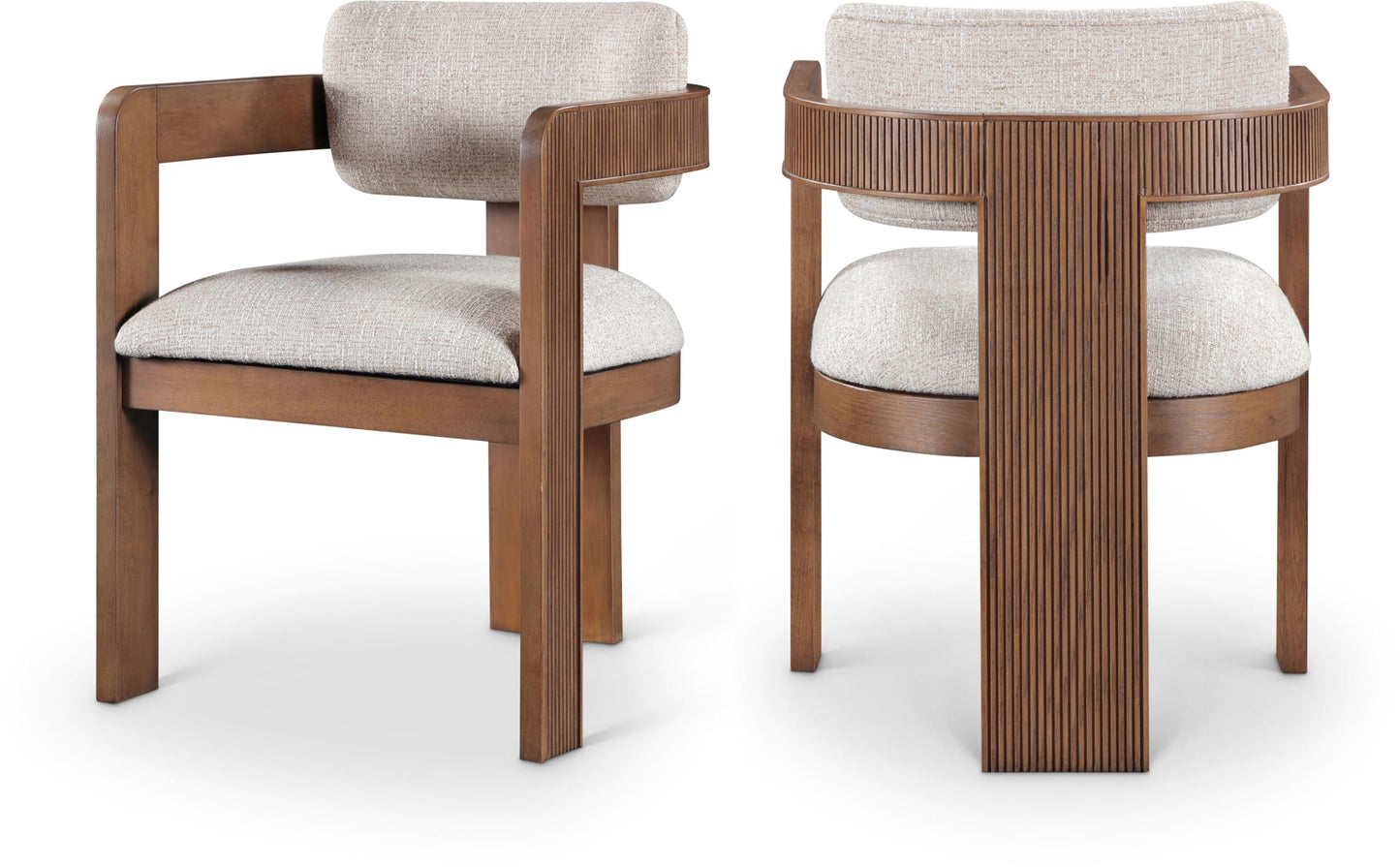 Meridian Furniture 11093Beige-C Sacha Collection Art Deco Dining Chair, Rich Beige Linen Textured Fabric, Two Tone Weave, Solid Fluted Wood Brown Finish, 22.5" W x 22" D x 31" H, Beige, Set of 2