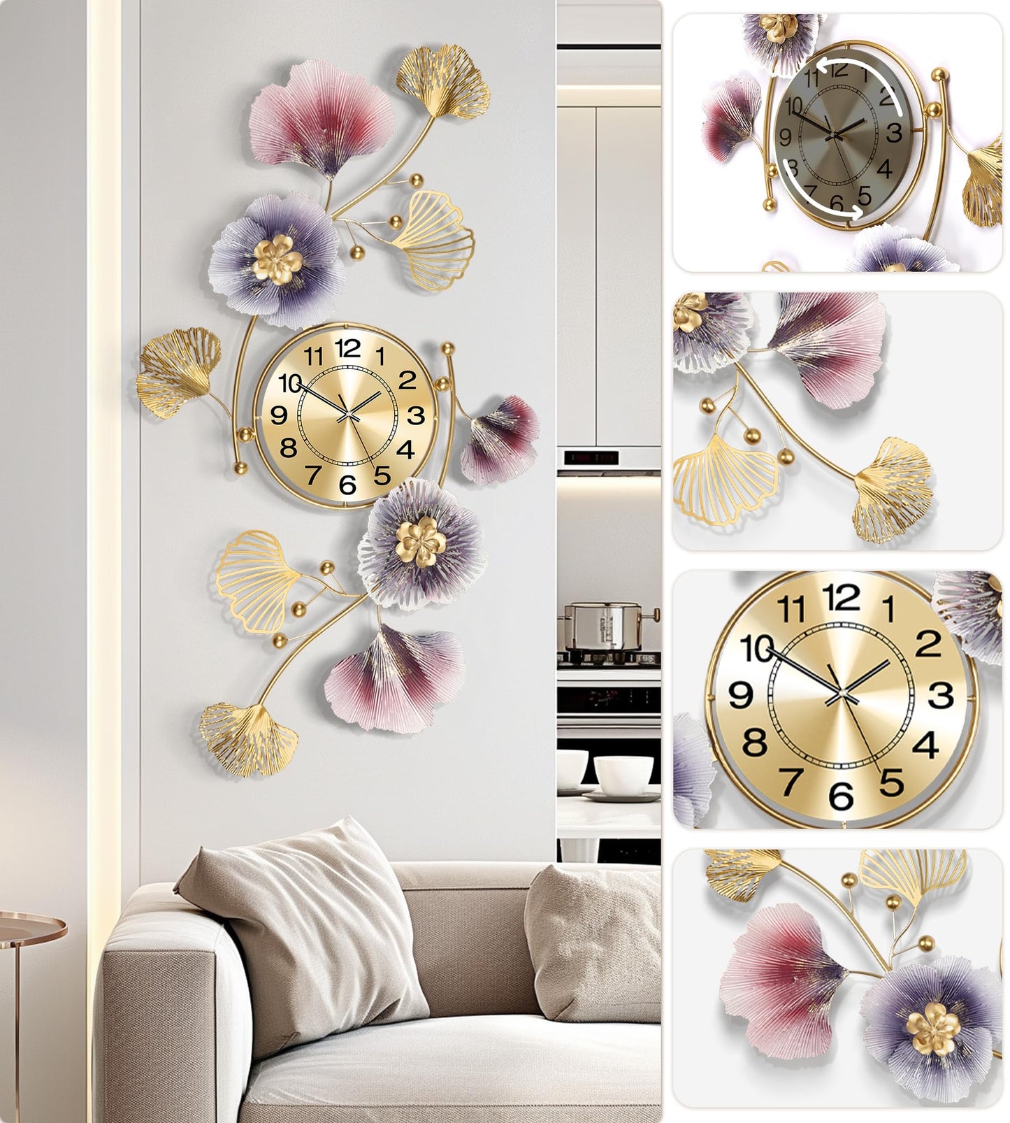 Axioglo Wall Clocks for Living Room Decor,Large Wall Clock,3D Creative Metal Ginkgo Leaf Design,with Silent Movement Wall Clocks for Home Wall Decor Clock（33"x18"）