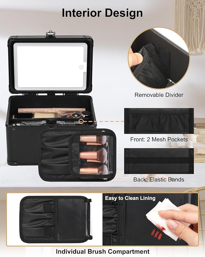Relavel Travel Makeup Bag With LED Mirror, Makeup Bag With 3-Mode Light Up Mirror, Cosmetic Makeup Organizer Vanity Case for Women Beauty Accessories, Rechargeable Makeup Travel Storage - Black