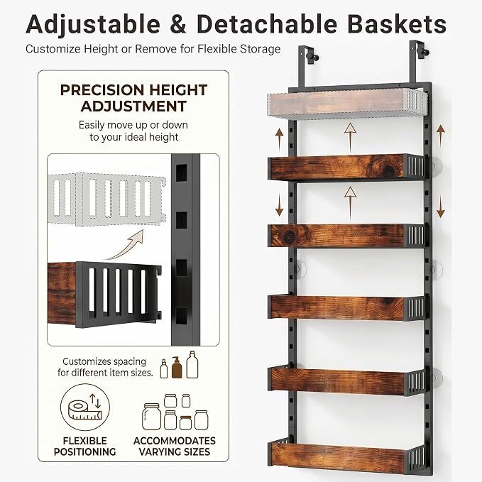 6-Tier Over the Door Pantry Organizer, 2-in-1 Door Hanging or Wall Mounted Spice Rack, Space Saving Metal Storage Shelves with Adjustable Baskets for Kitchen, Closet, Bathroom