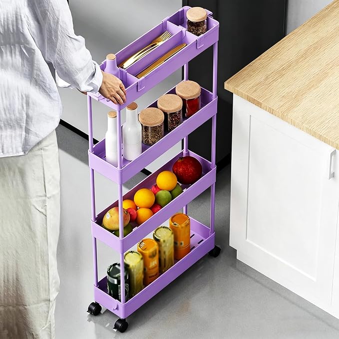 SPACELEAD Slim Storage Cart 3 Tier,Bathroom Organizer Rolling Utility,Mobile Shelving Unit Slide Out for Office, Kitchen, Laundry Room & Narrow Places,Purple