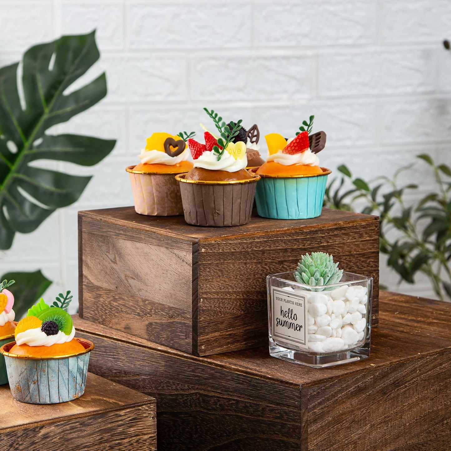 VDEHOM Vintage Brown Square Wooden Cake Stands For Display,Set Of 4 Wood Cupcake Stands Risers, 12 Inches Rustic Wood Crates For Wedding Cake Display, (Vintage Brown)