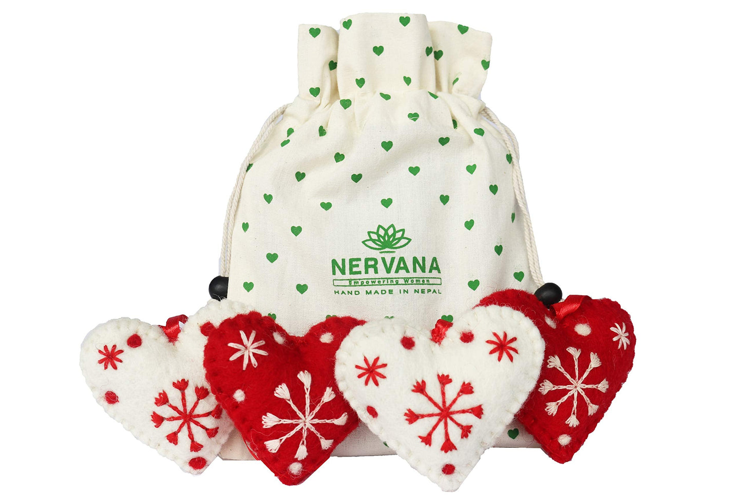 Hearts Christmas Ornaments Set of 4-Snowflake 100% Pure New Zealand Wool Handmade Eco-Friendly Valentine's Day Decor Shower Nursery Decoration Fair Trade (4, Heart)