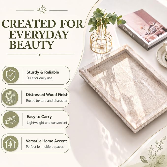 Decorative Coffee Table Tray, 13.5 x 9.7 Inch White Washed Wooden Beaded Tray with Removable Legs, Rustic Farmhouse Rectangular Tray for Coffee Table, Kitchen Counter and Vanity Decor
