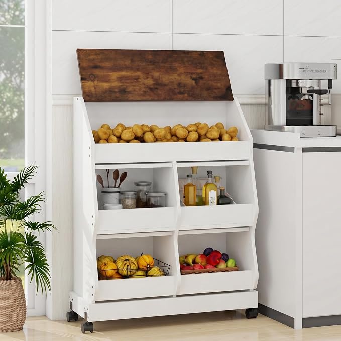 ARTETHYS Potato and Onion Storage Bin with Wheels, 3 Tier Bread Container with Lid, Ventilated Vegetable Organization Cabinet for Kitchen