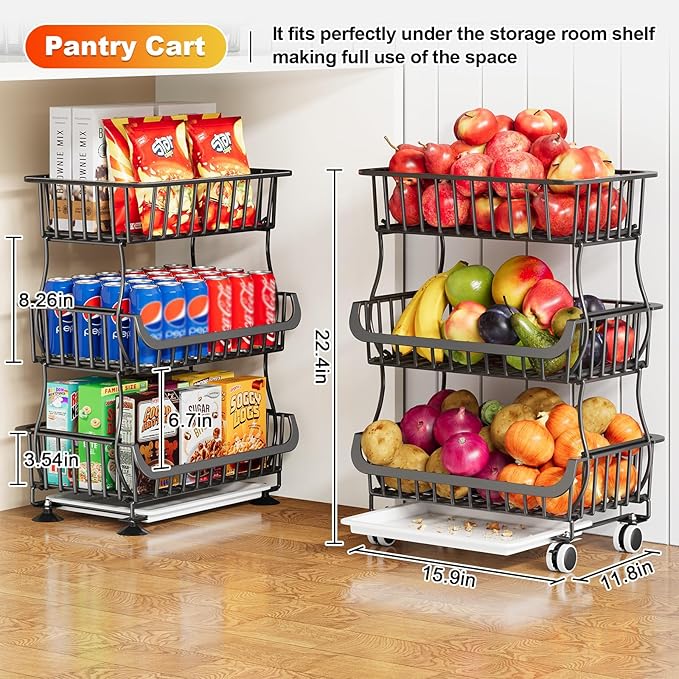 3 Tier Rolling Pantry Floor Organizers and Storage Cart with Wheels, Fruit Basket Stand on Wheels, Vegetable Baskets for Kitchen, Three Tiered Pantry Shelves Organzier for Snack, Produce, Potato,Onion