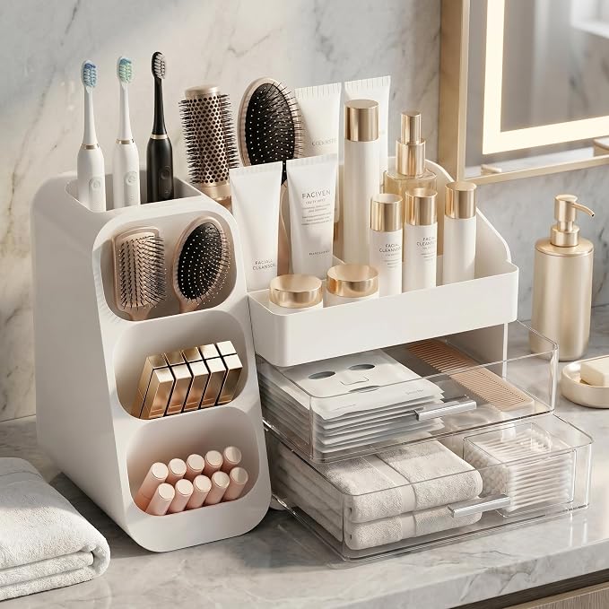Makeup Organizer for Vanity - Large Skincare Organizers Countertop, Cosmetic Organizer with Brush Holder and 2 Drawer, Makeup Storage for Lipsticks, Nail Polishes, Eyeshadow Palettes, White