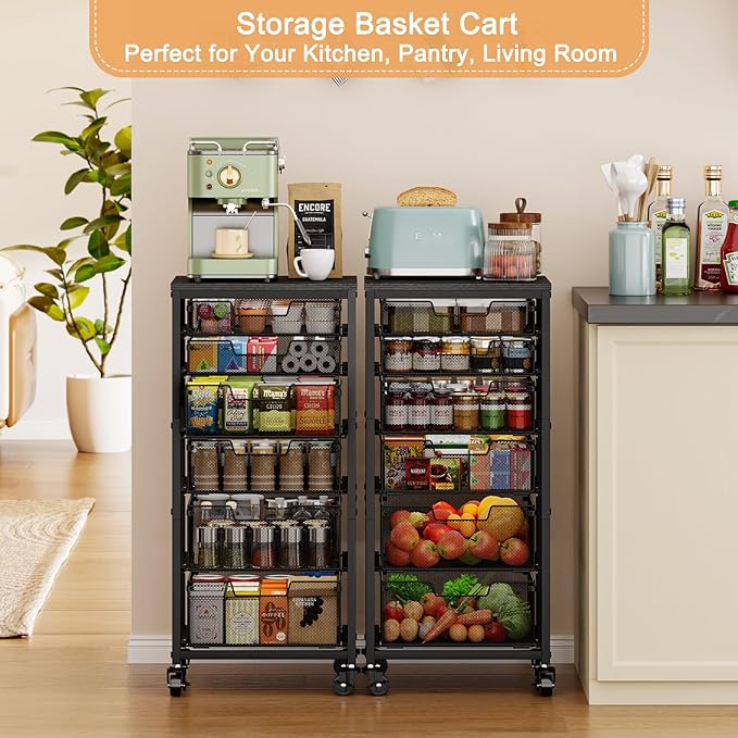 6-Tier Kitchen Storage Cart -Fruit Vegetable Storage Cart with Drawers, Wooden Top Metal Wire Kitchen Organizer and Storage Cart with Wheels to Storage Onions Potatoes Cans Snacks for Kitchen