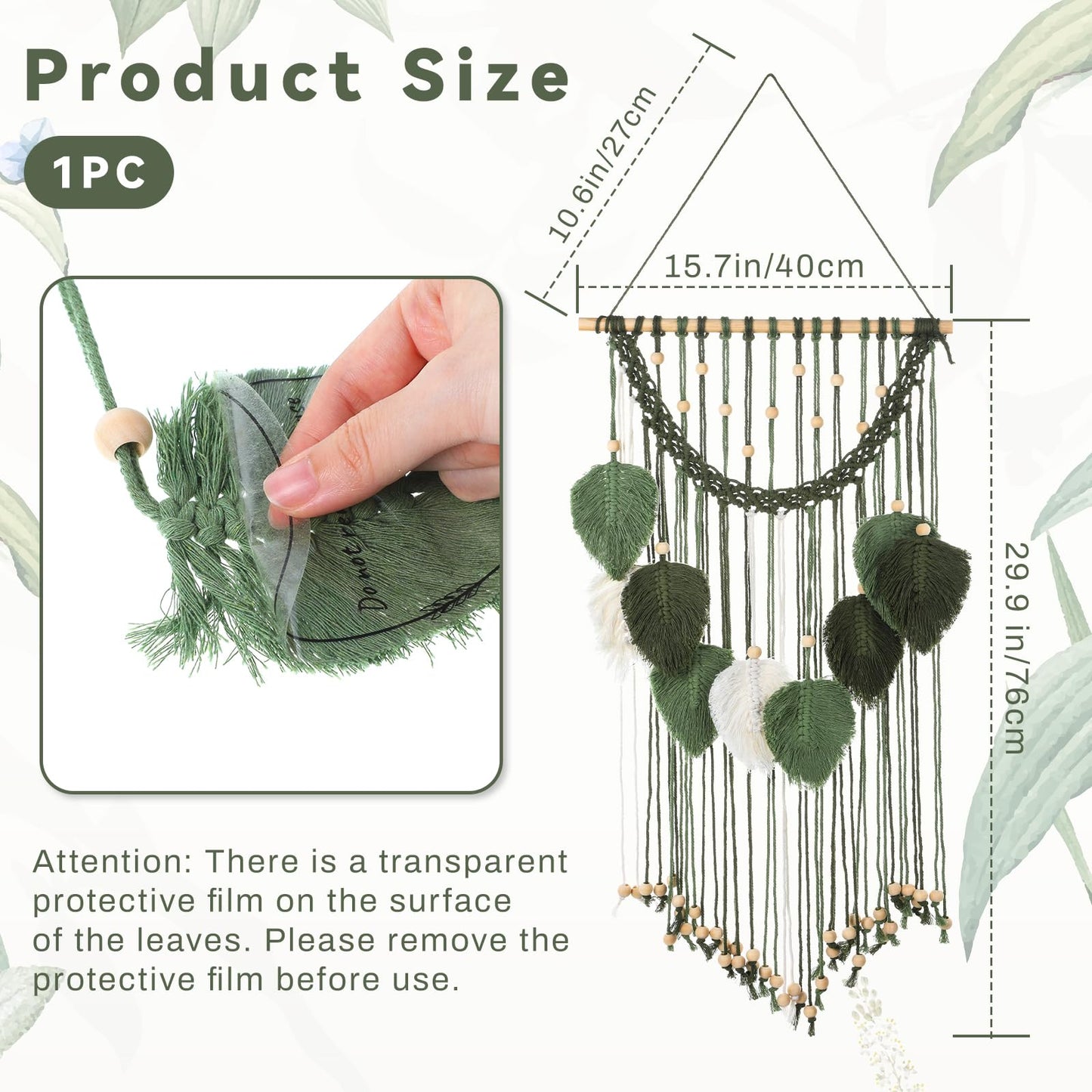 Oqqlin Green Macrame Wall Hanging, 15.7 x 29.9 Inch Boho Leaf Wall Decor Tapestry Sage Green Handmade Woven Leaves Feather Decorations for Bedroom, Living Room, Nursery, Apartment
