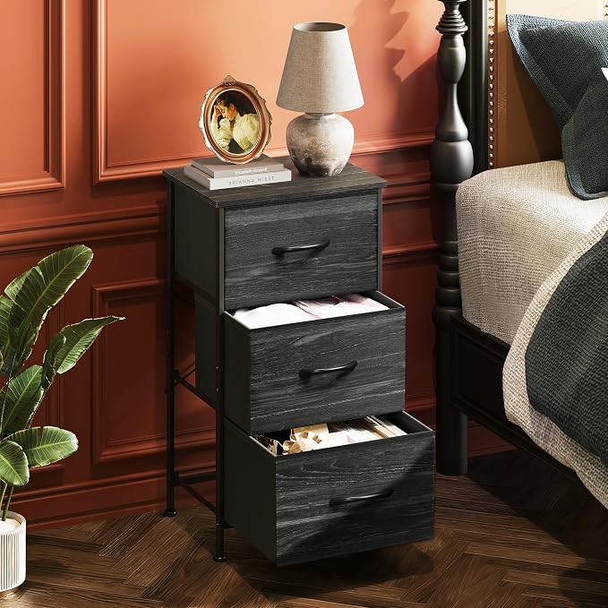 WLIVE Nightstand with 3 Drawers, Fabric Dresser, Organizer Unit, Storage Dresser for Bedroom, Hallway, Entryway, Closets, Steel Frame, Wood Top, Easy Pull Handle, Charcoal Black Wood Grain Print