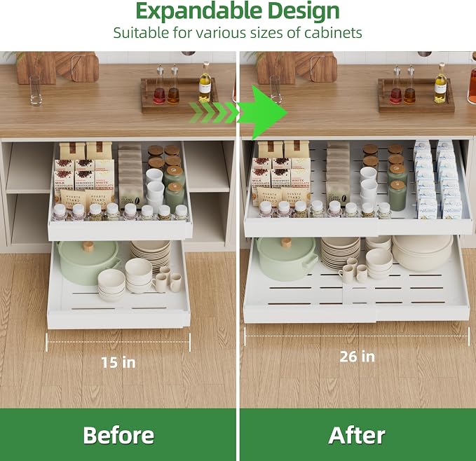 PAKETA 4 Pack Expandable Pull Out Cabinet Organizer, 21'' Deep Pull Out Drawers for Cabinet, Upgrade 3 Slide Rails Sliding Drawers for Cabinets with Adhesive Nano Film (White, 21"D X 15-26"W)