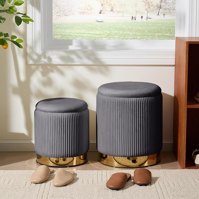 Royal Windsor Round Ottoman with Storage Set of 2, Vanity Stool with Storage for Bedroom, Ottoman Coffee Table Gold-Tone Ring Around the Base, Small Velvet Foot Stool for Living Room, Grey