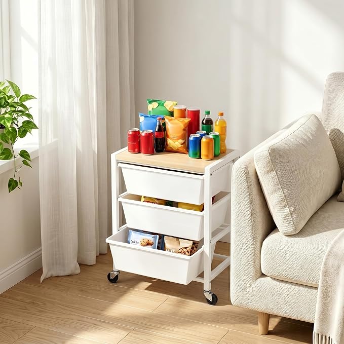 Rolling Cart with 3 Drawers, Plastic Drawer Storage Carts with Lockable Wheels & Wooden Tabletop, Metal Art Craft Utility Cart Organizer for Home Office Bedroom Dorm Bedside Classroom, Bright White