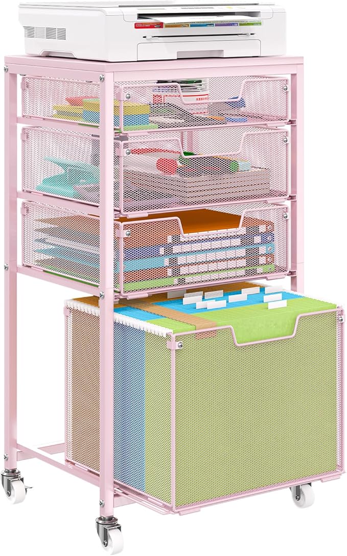 Sbanmao 4 Drawer Rolling File Cart Under Desk Storage, File Cabinets for Home Office, Mobile Filing Cabinet, Hanging File Organizer with Wheels, Utility Cart Printer Stand, Pink
