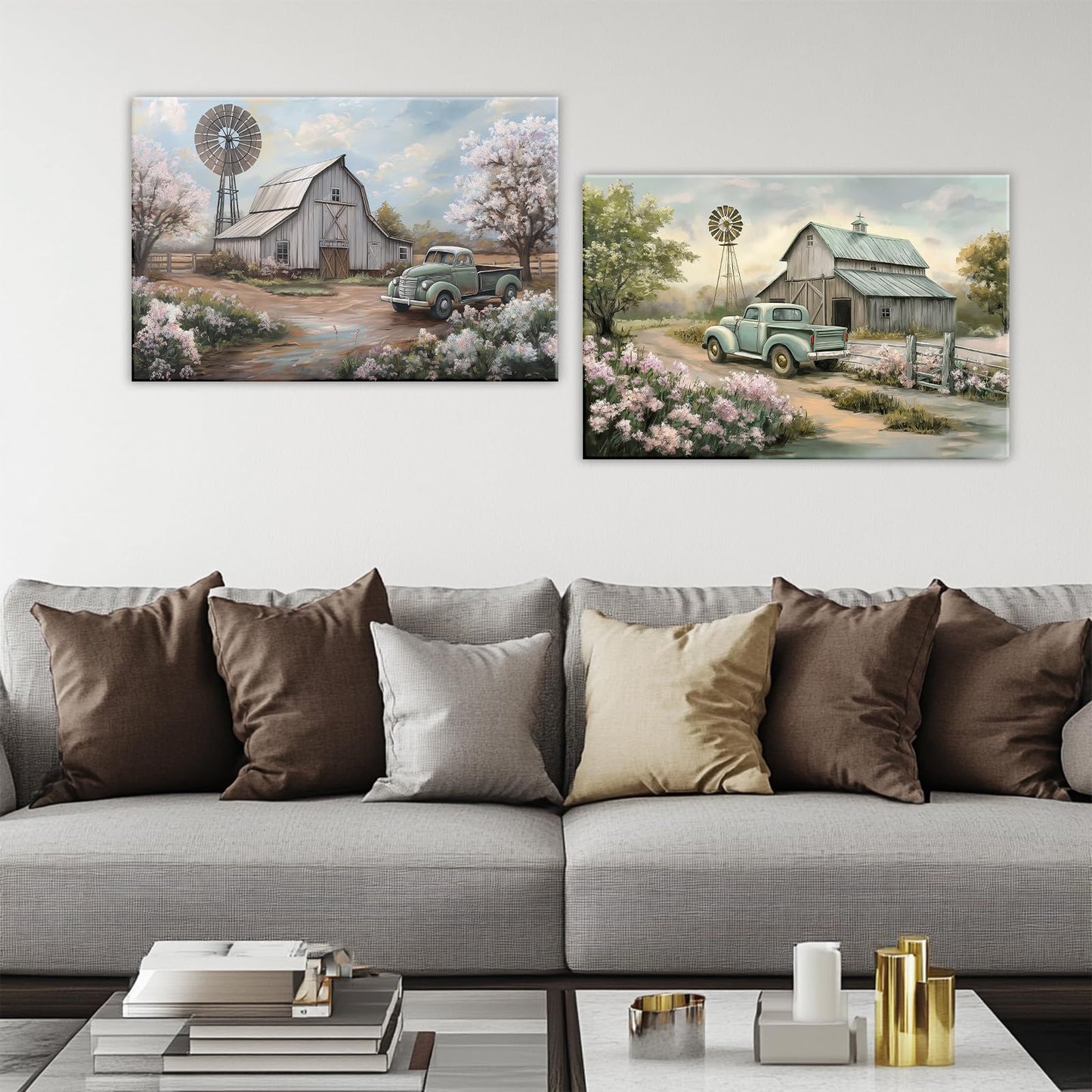 OAAPITI Barn Canvas Wall Art 2 Panel Rustic Farm Nature Landscape Pictures Wall Decor Retro Pink Flower Field Windmill Posters Artwork For Bathroom Bedroom Living Room(Artwork-2,12"x16"x2pcs)