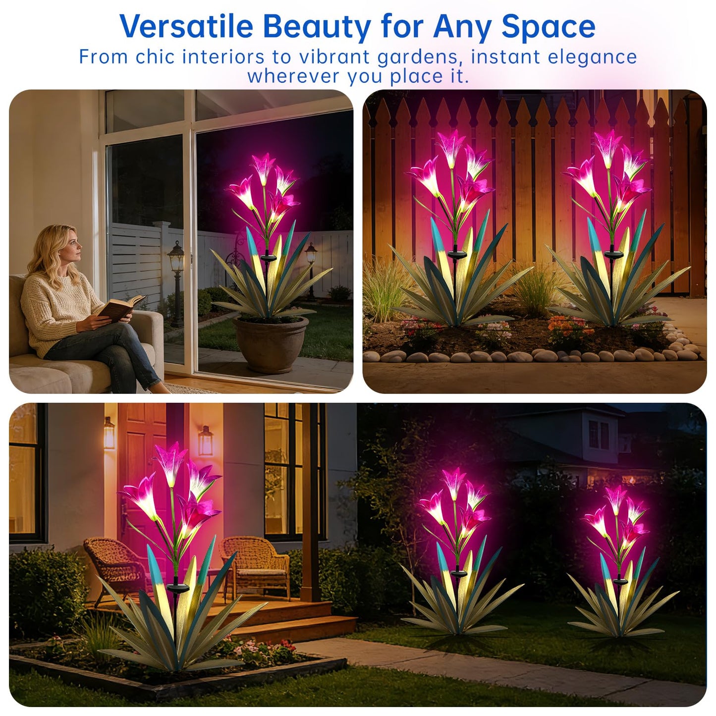 Homight Solar Metal Agave Lily Flower Garden Sculpture with LED Lights 30.3 Inch Waterproof Outdoor/Indoor Yard Decor Handmade Lawn Ornament Gift for Family Friends (3, Blue)