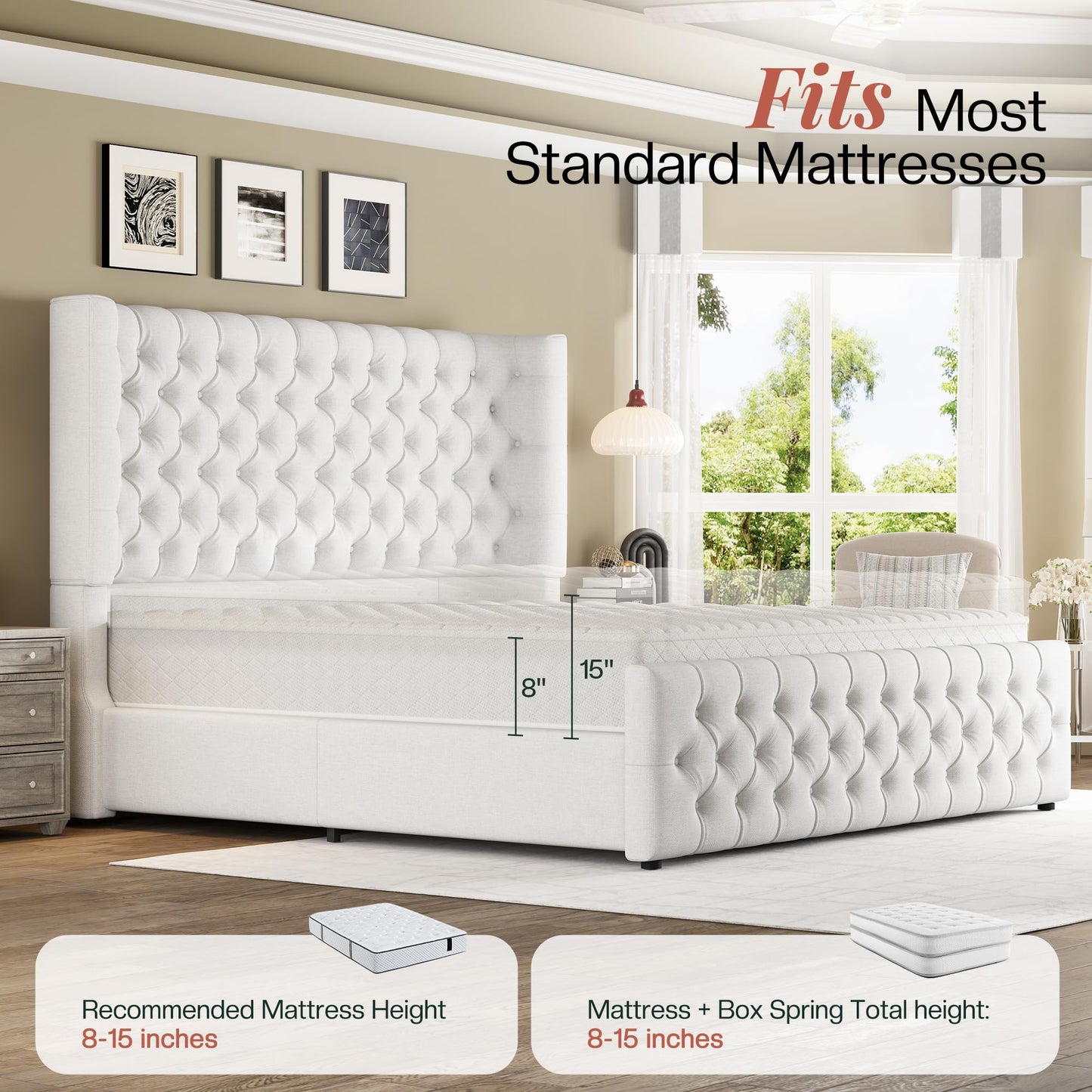 Jocisland King Size Platform Bed Frame, 6.3" Thick Upholstered Curved Wingback Headboard and Footboard with Deep Button Tufted, No Box Spring Needed, Easy Assembly, White Linen