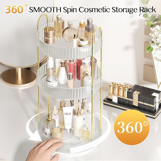Rotating Makeup Organizer Countertop,Skincare Organizers,Spinning Perfume Tray Stand,Makeup Storage Organizer for Vanity,Bathroom Organizer and Storage,Lazy Susan,3 Tier,Clear