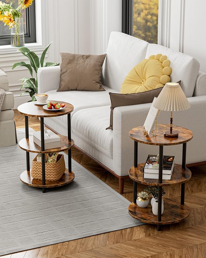 XBurmo Small Round End Table - 3 Tier Design Accent Table, Narrow Side or Bedside Stand, Industrial Vintage Nightstand for Bedroom, Living Room, or Small Spaces, Set of 2, Rustic Brown