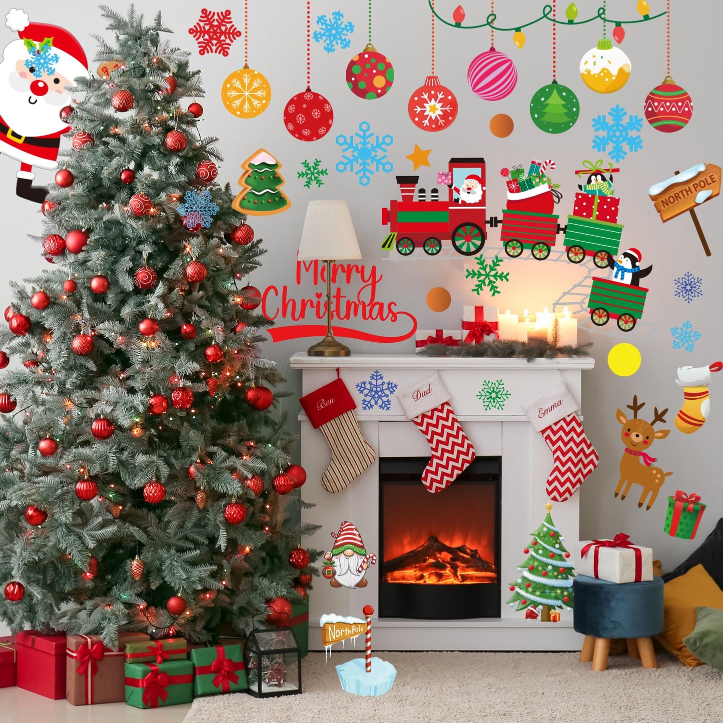 Christmas Wall Decals Stickers 142PCS Removable Merry Christmas Wall Decorations Xmas Bathroom Fireplace Decor Santa Claus Snowman Reindeer Door Decal Indoor