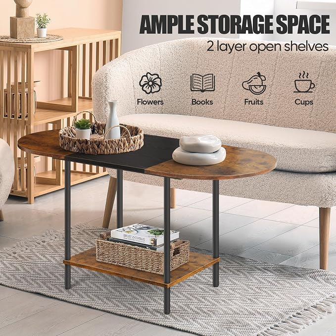Small Coffee Tables for Living Room,Mid Century Oval Center Table with Storage Shelf and Wood Tabletop,2-Tier Farmhouse Narrow Cocktail Tea Table for Small Space,Apartment,Rustic Brown