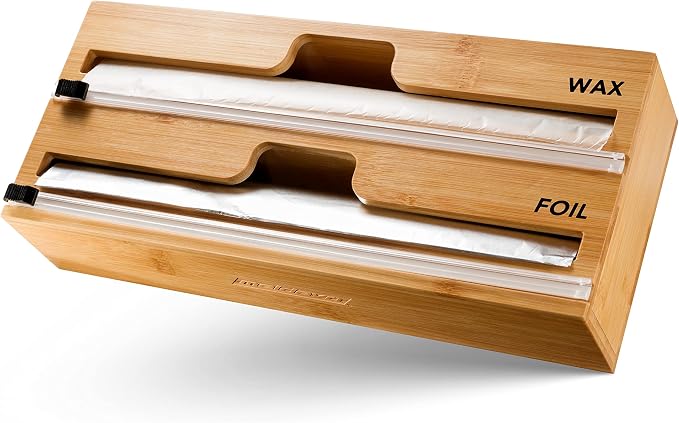 MELDEVO 2 in 1 Wrap Dispenser with Cutter and Labels, Plastic Wrap, Aluminum Foil and Wax Paper Dispenser for Kitchen Drawer, Bamboo Roll Organizer Holder, Compatible with 12" Roll