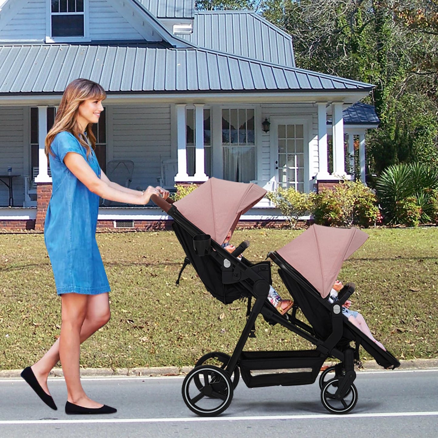 Double Tandem Stroller for Newborn & Toddler – Foldable Twin Pushchair with Reversible Seat, 5-Point Safety Harness, Adjustable Backrest & Canopy, Storage Basket