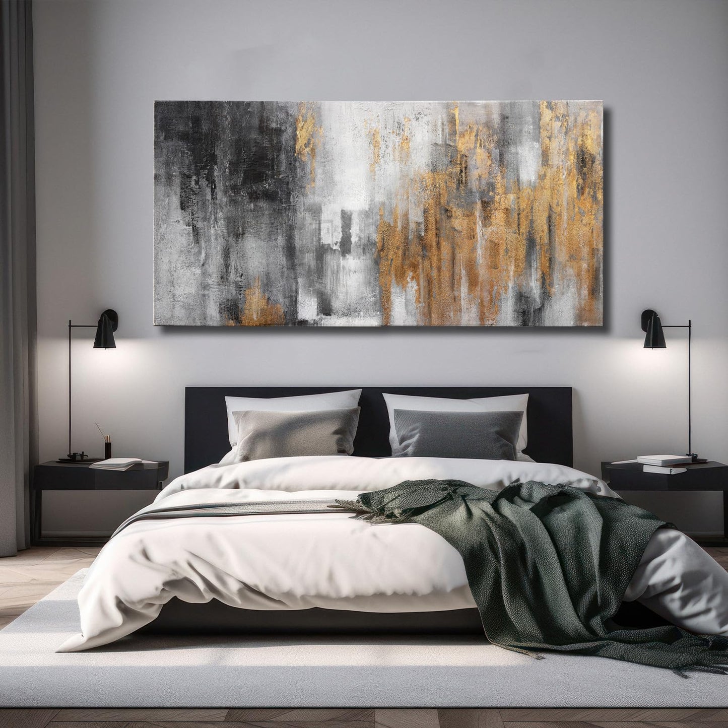 YJYart Abstract Canvas Wall Art with Gold Foil Modern Black Oil Paintings Graffiti Wall Art for Living Room Bedroom Kitchen Office Wall Decorations 30" x 60"