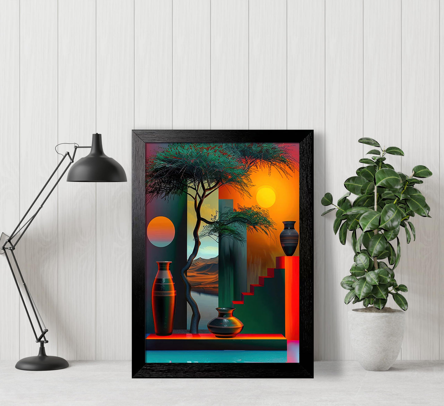 Black Framed African American Canvas Wall Art, Africa Modern Painting Picture Wall Decor, Afrocentric Tree And Vase Poster Print Artwork for Living Room Bedroom Office Home Decoration