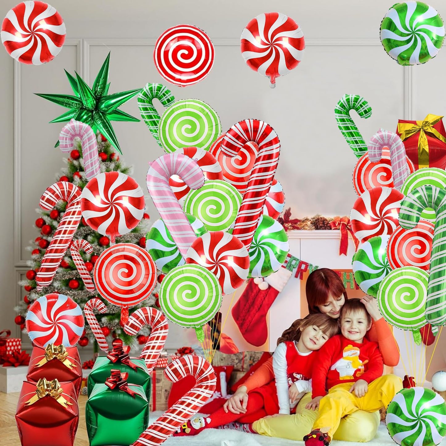 24 Pcs Christmas Balloons, Candy Cane Swirl Gift Box Balloons, Foil Red Green Pink Balloons Kit for Christmas Party Birthday Candy Themed Party Decorations