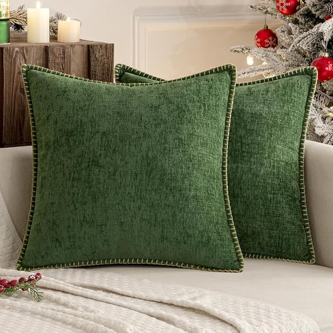 MIULEE Pack of 2 Couch Pillow Covers 18x18 Inch Moss Green Farmhouse Decorative Throw Pillow Covers with Stitched Edge Soft Chenille Solid Dyed Pillow Covers for Sofa Bed Living Room, Forest Green