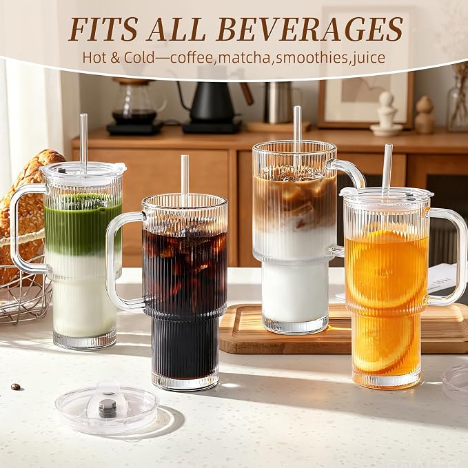 Iced Coffee Cups with Lids: Coffee Bar Accessories - Ribbed Glass Tumbler with Straw and Lid 4 Pack - 24oz Tumbler Leak Proof - Glass Cups and Tumblers with Lid and Straws - Coffee Tumbler with Handle