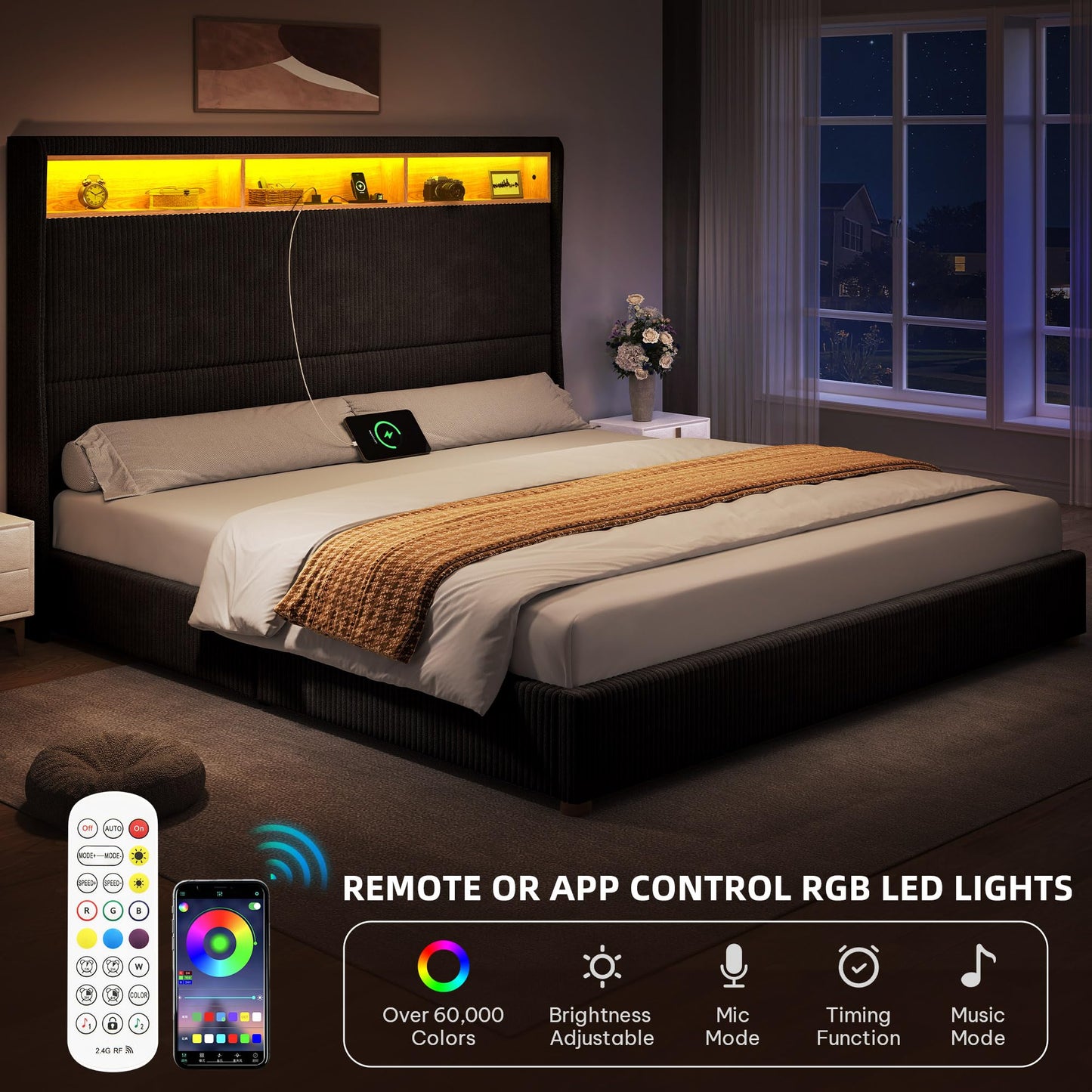 DWVO King Size Corduroy Upholstered Platform Bed Frame with Charging Station and RGB LED Lights, 53’’ Tall Storage Wingback Headboard, No Box Spring Needed, Easy Assembly, Noise-Free, Black