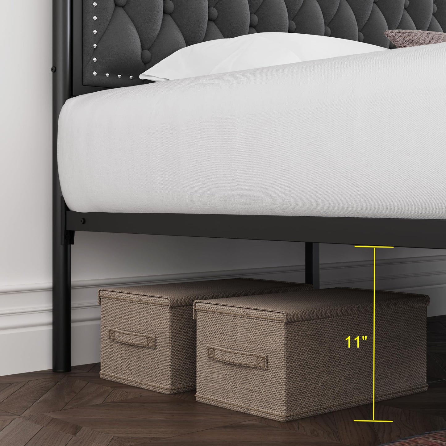 Keyluv Full Upholstered Canopy Bed Frame with 2 Storage Drawers & Button Tufted Headboard, Metal Platform Bed with 4 Removable Posts, Two-Purpose Velvet Bed, Dark Grey/Curtain Not Included