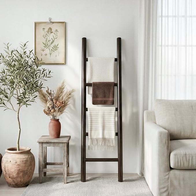Wooden Blanket Ladder - 57in Natural & Motley Wood - Leaning Wall Decor for Bedroom, Bathroom, Living Room - Rustic Quilt Holder & Towel Rack (Dark Walnut, 57in | Fully Assembled)